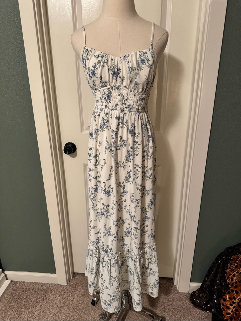 Inspired Hearts White Maxi Dress with Blue Floral Print